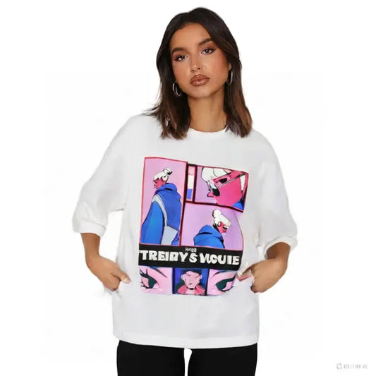Trendy Standard Pink & White Printed Women T-Shirt My Store
