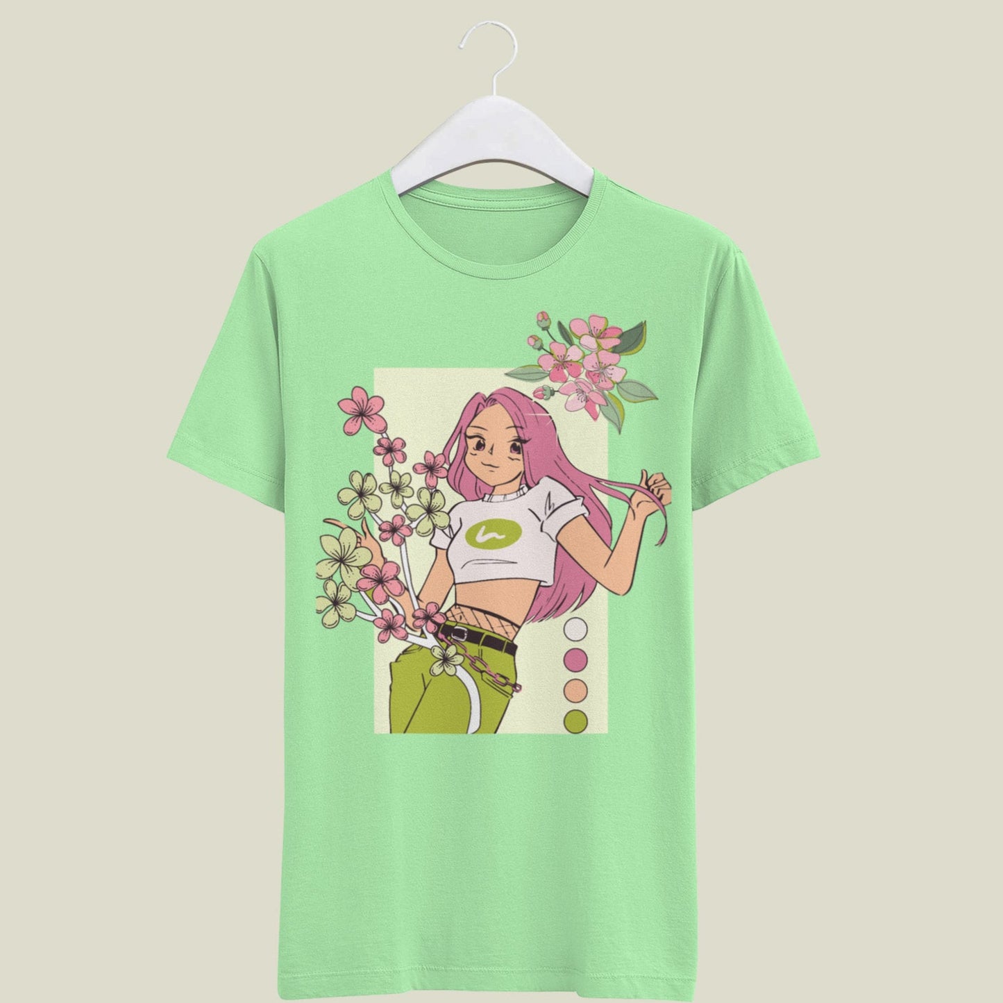 Women Standard Pink & Green Printed T-Shirt - My Store