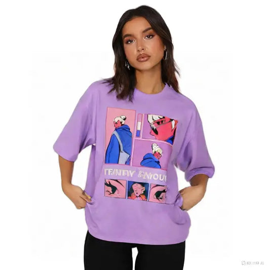 Trendy Standard Pink & White Printed Women T-Shirt My Store