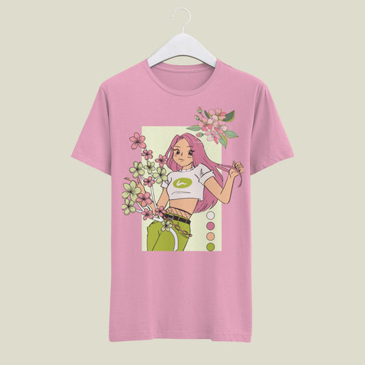 Women Standard Pink & Green Printed T-Shirt - My Store